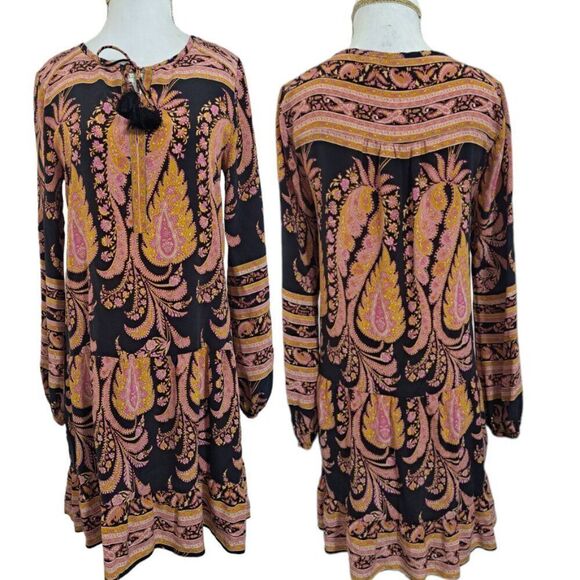 Calypso Women's Paisley Pink Long Sleeve Tunic Mini Resort Travel Dress Sz XS - Picture 2 of 8